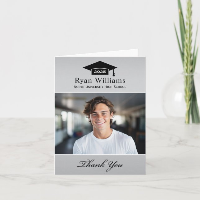 Carte De Remerciements Elégant Silver Photo personnalisée Graduation (Devant)