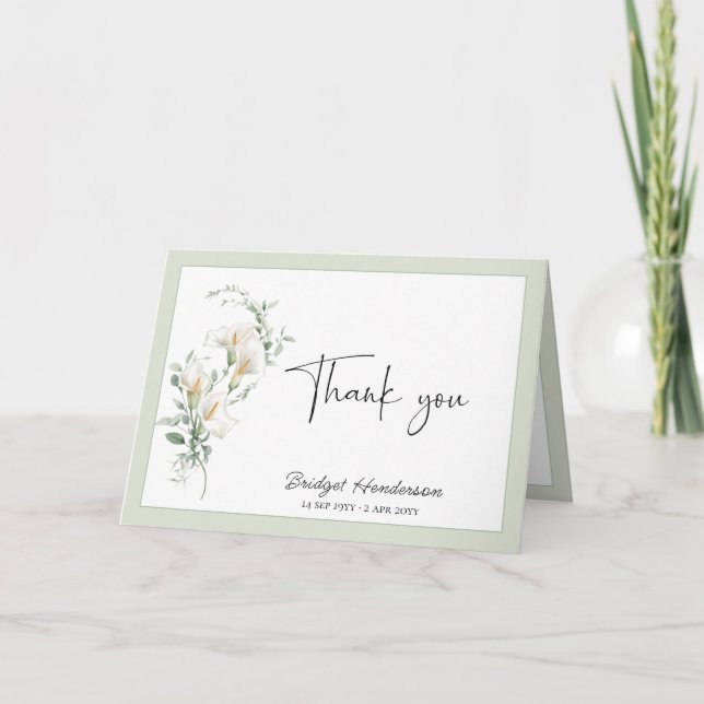 Carte De Remerciements Elegant Simple Calla Lily Eucalyptus Sympathy (Devant)
