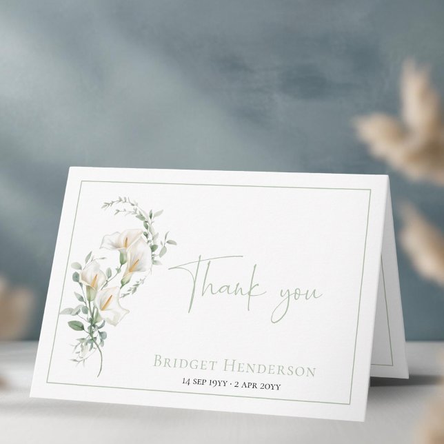 Carte De Remerciements Elegant Simple Calla Lily Eucalyptus Sympathy (Créateur téléchargé)