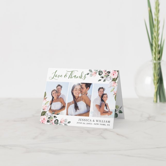 Carte De Remerciements Elégant simple Eucalyptus Blush Rose Roses 3 PHOTO (Devant)