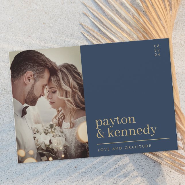 Carte De Remerciements Elégant Simple Stylish Navy bleu et or photo (Créateur téléchargé)