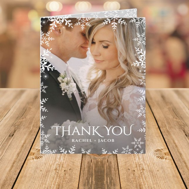 Carte De Remerciements Elegant Snowflake 2-Photo Winter Wedding Thank You (Créateur téléchargé)