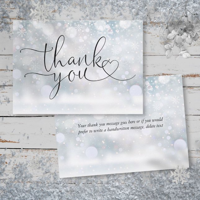 Carte De Remerciements Élégant Snowflakes hiver Script de coeur (Elegant Winter Snowflakes Heart Script Thank You Card)
