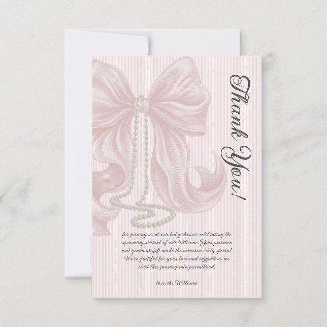Carte De Remerciements Elegant Striped Bow Ivory Pink Baby Shower (Devant)