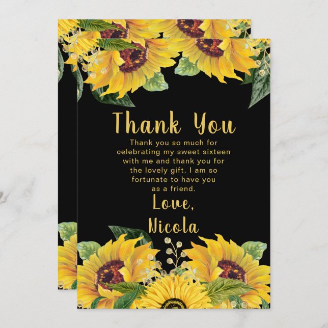 Carte De Remerciements Elegant Sunflowers and Foliage Sweet Sixteen (Devant / Derrière)