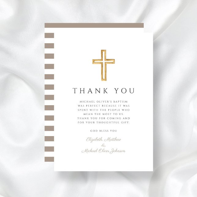 Carte De Remerciements Élégant Taupe Cross Boy Baptism (Elegant Taupe Cross Boy Baptism Thank You Card)