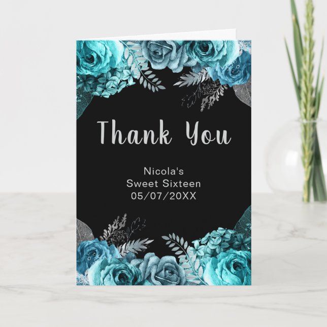 Carte De Remerciements Elegant Teal Blue and Silver Flowers Sweet Sixteen (Devant)