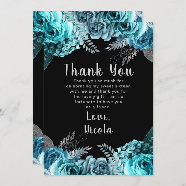 Carte De Remerciements Elegant Teal Blue and Silver Flowers Sweet Sixteen (Devant / Derrière)