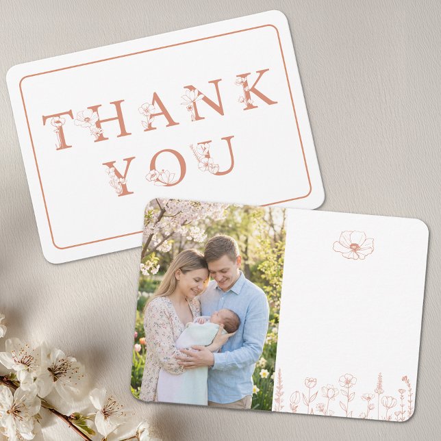 Carte De Remerciements Elegant Terracotta Baby Shower Photo (Floral Terracotta Thank You Card)