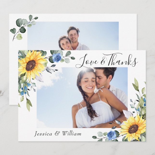 Carte De Remerciements Élégant tournesol Eucalyptus Vert 2 PHOTO (Devant / Derrière)