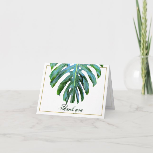 Carte De Remerciements Elégant Tropical Monstera Leaf Gold Beach Mariage (Devant)