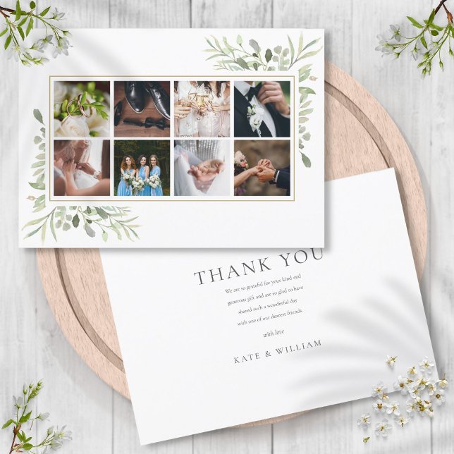 Carte De Remerciements Elégant Vert 8 Photo Collage Mariage (Elegant Greenery 8 Photo Collage Wedding Thank You Card)