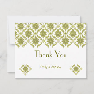Carte De Remerciements Elégant vert olive Mariage damassé Floral
