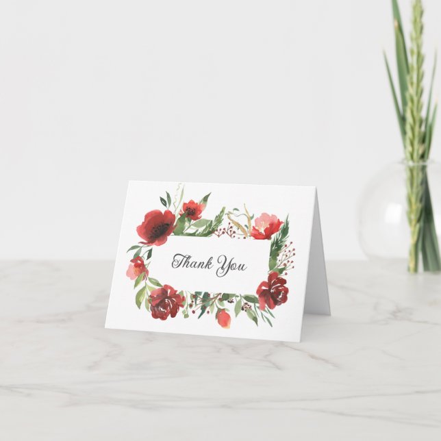 Carte De Remerciements Elégant vert rose rouge Aquarelle florale (Devant)