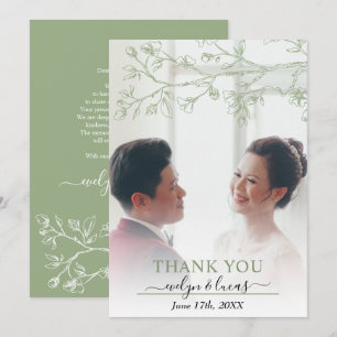 Carte De Remerciements Elégant vert sauge, fleurs blanches photo mariage