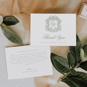 Carte De Remerciements Élégant Vert Sauge Monogramme Blason Mariage Vinta