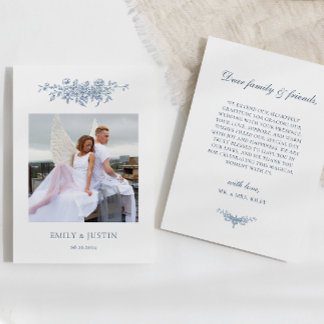 Carte De Remerciements Élégant Vintage Floral Blue Photo Mariage