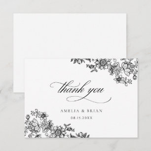 Carte De Remerciements Élégant Vintage Floral Royal Black Blanc Mariage