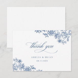 Carte De Remerciements Élégant Vintage Floral Royal Blue Script Mariage