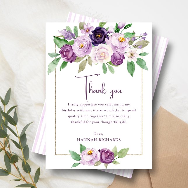 Carte De Remerciements Élégant violet | Anniversaire floral violet (Créateur téléchargé)