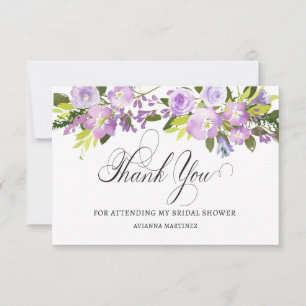 Carte De Remerciements Élégant violet blanc floral mariage douche plat
