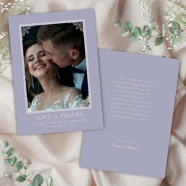 Carte De Remerciements Élégant violet Delicate frontière Mariage de conte (elegant purple and blush pink french lilac theme wedding thank you cards with border photo message)