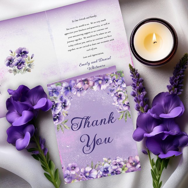 Carte De Remerciements Elegant Violet Floral Wedding  (Elegant violet florals for a refined and timeless wedding folded thank you card)