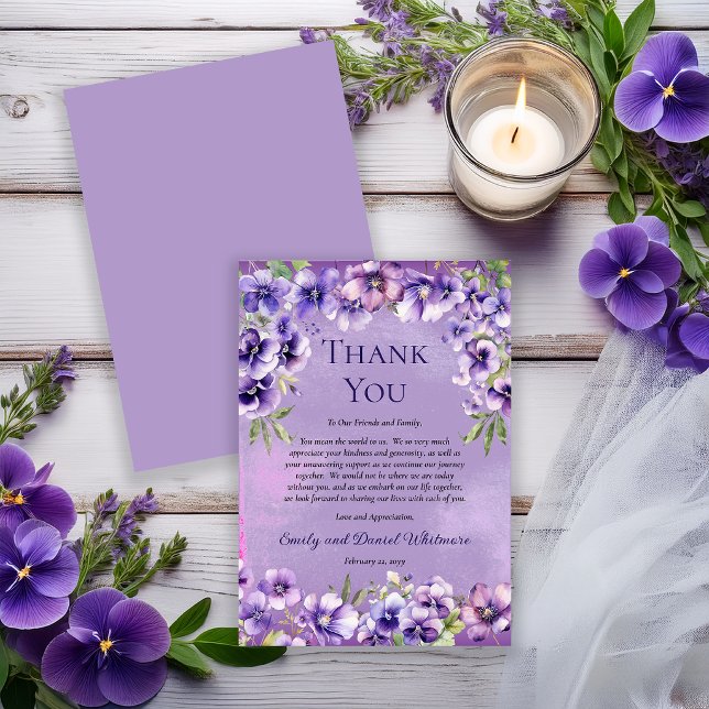 Carte De Remerciements Elegant Violet Floral Wedding Thank You Card (Elegant violet florals for a refined and timeless wedding thank you card.)