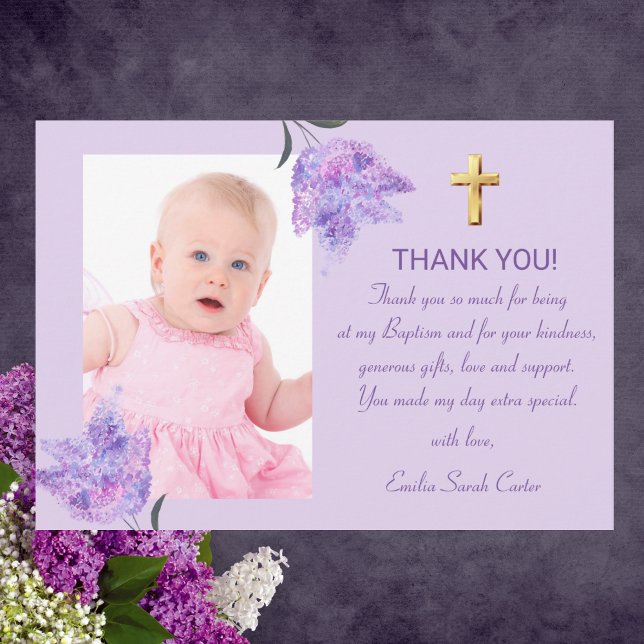 Carte De Remerciements Élégant violet Lilac Gold Cross Girl Baptism (Créateur téléchargé)