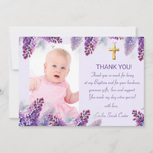 Carte De Remerciements Élégant violet Lilac Gold Cross Girl Baptism