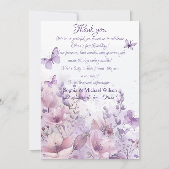 Carte De Remerciements Elegant Watercolor Butterfly First Birthday (Devant)