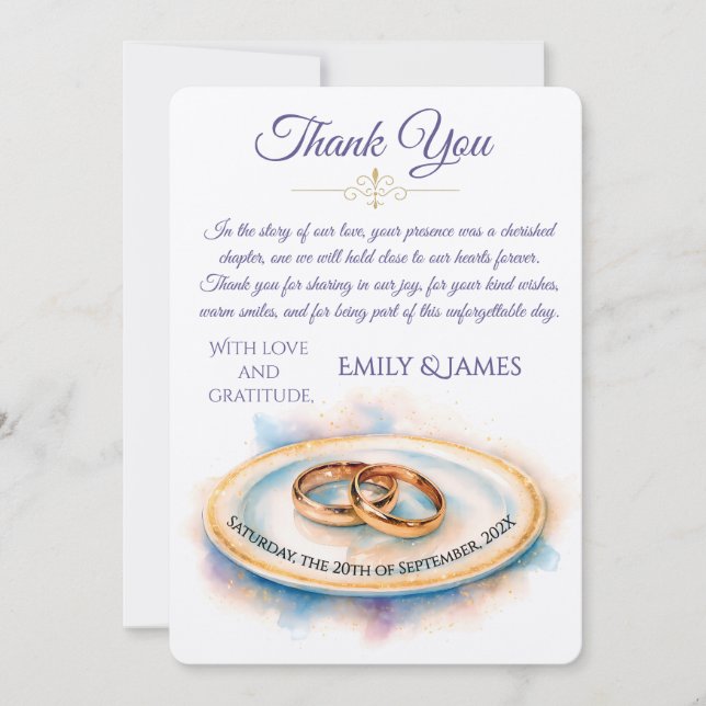 Carte De Remerciements Elegant Watercolor Golden Rose Wedding Rings (Devant)