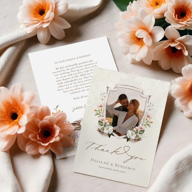 Carte De Remerciements Élégant Western Cowboy Floral Crest Script photo (Elegant Western Cowboy Floral Crest Photo Script Thank You Card (Front & Back))