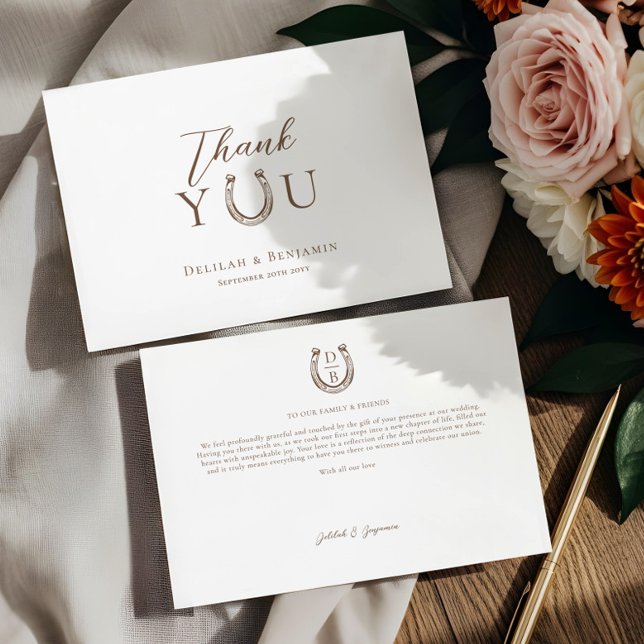 Carte De Remerciements Elegant Western Rustic Wedding Horseshoe Monogram  (Elegant Western Rustic Wedding Horseshoe Monogram Thank You Card)