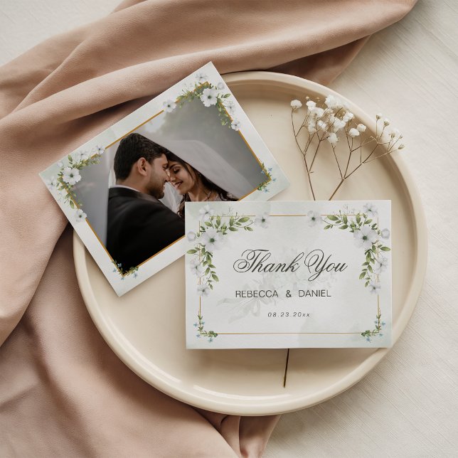 Carte De Remerciements Elegant White Floral Wedding Photo Thank You Card (Créateur téléchargé)