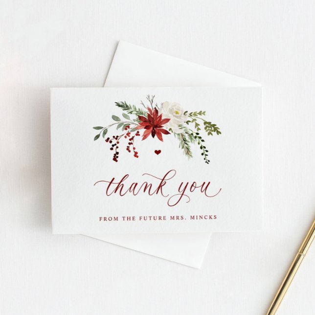 Carte De Remerciements Elegant Winter Greenery Wedding Bridal Shower (Winter bridal shower thank you cards with Christmas greenery and elegant script)