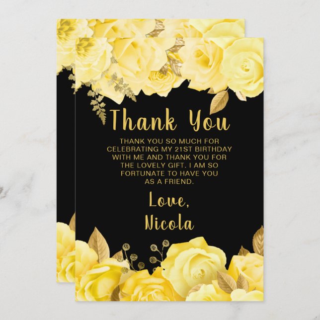 Carte De Remerciements Elegant Yellow and Gold Flowers Birthday Party (Devant / Derrière)