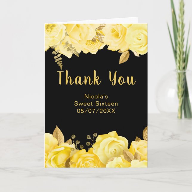 Carte De Remerciements Elegant Yellow and Gold Flowers Sweet Sixteen (Devant)