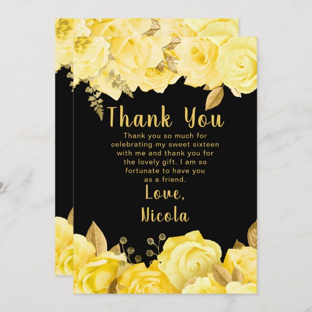 Carte De Remerciements Elegant Yellow and Gold Flowers Sweet Sixteen (Devant / Derrière)