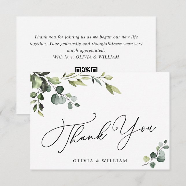 Carte De Remerciements Elégante aquarelle Eucalyptus Floral QR (Devant / Derrière)