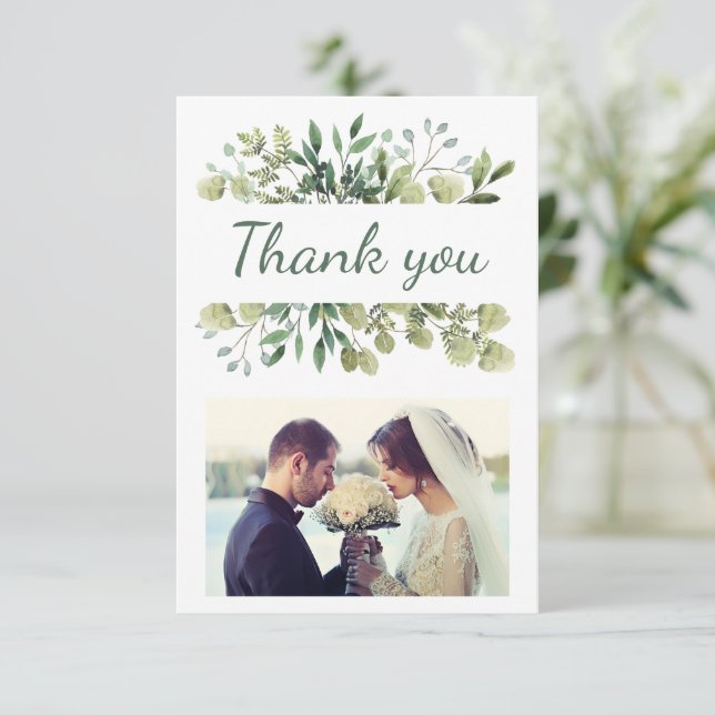 Carte De Remerciements Elégante aquarelle Feuilles photo de mariage perso (Debout devant)