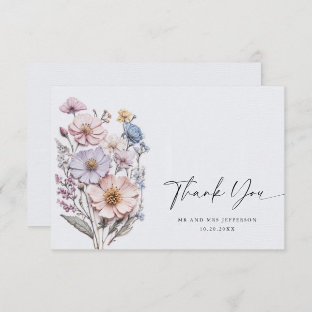 Carte De Remerciements Elégante aquarelle Fleurs sauvages Mariage floral (Devant / Derrière)