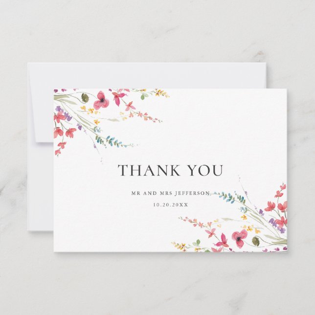 Carte De Remerciements Elégante aquarelle Fleurs sauvages Mariage floral (Devant)
