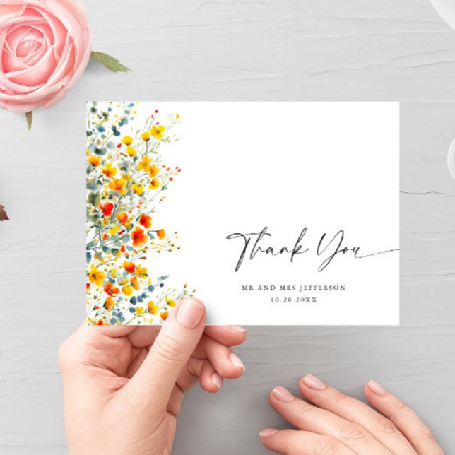 Carte De Remerciements Elégante aquarelle Fleurs sauvages Mariage floral (Créateur téléchargé)