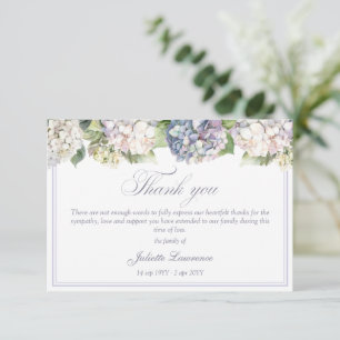 Carte De Remerciements Élégante aquarelle florale d'hydrangea pour funéra