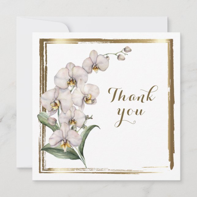 Carte De Remerciements Elégante aquarelle Orchidées Blanches Gold Frame M (Devant)