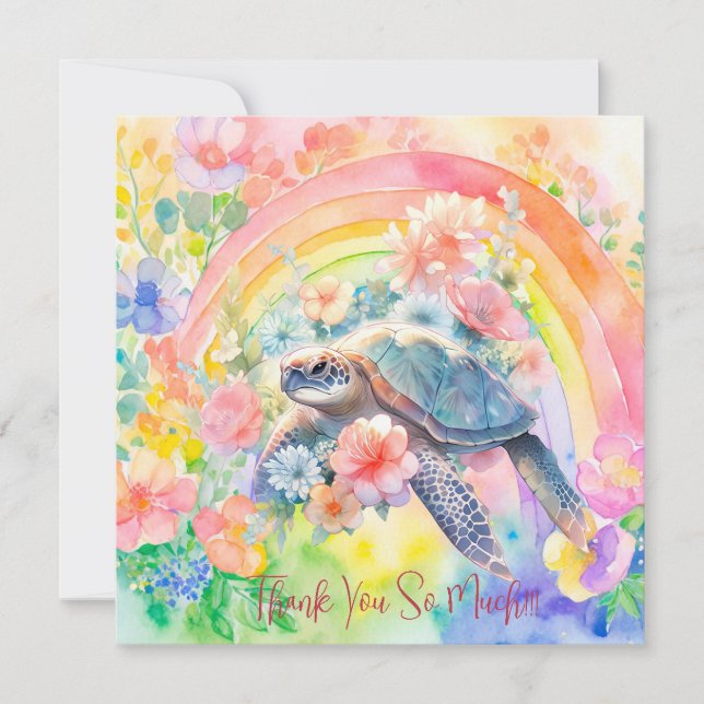 Carte De Remerciements Elégante Aquarelle Pastel Tortue de mer Florale (Devant)