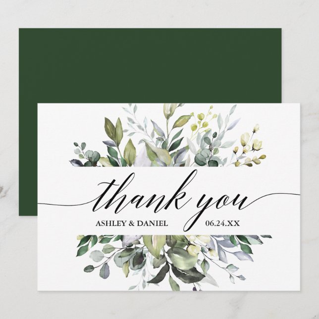 Carte De Remerciements Elégante aquarelle vert Mariage calligraphie (Devant / Derrière)