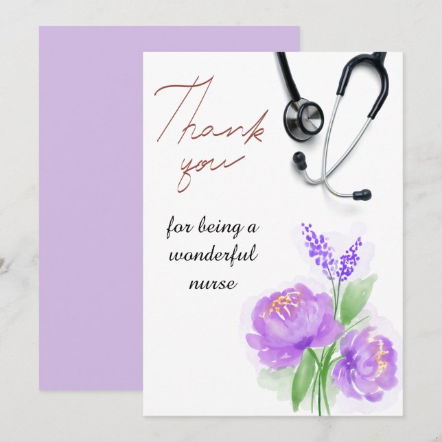 Carte De Remerciements Elégante aquarelle violet floral Stethoscope Infir (Devant / Derrière)
