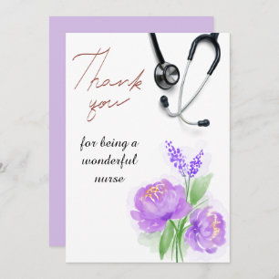 Carte De Remerciements Elégante aquarelle violet floral Stethoscope Infir